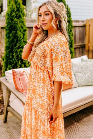 Women’s Orange Floral Print Maxi Dress with Smocked Bodice, V-Neck and Wide Sleeves