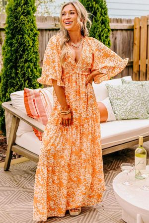 Women’s Orange Floral Print Maxi Dress with Smocked Bodice, V-Neck and Wide Sleeves