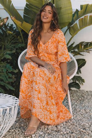 Women’s Orange Floral Print Maxi Dress with Smocked Bodice, V-Neck and Wide Sleeves