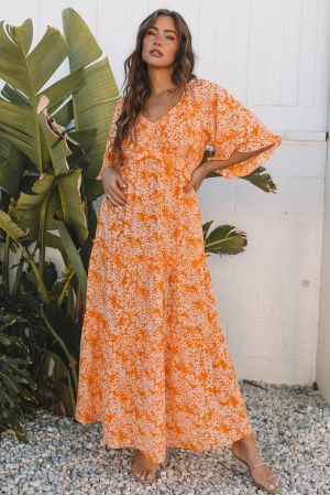 Women’s Orange Floral Print Maxi Dress with Smocked Bodice, V-Neck and Wide Sleeves