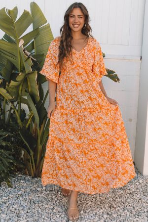 Women’s Orange Floral Print Maxi Dress with Smocked Bodice, V-Neck and Wide Sleeves