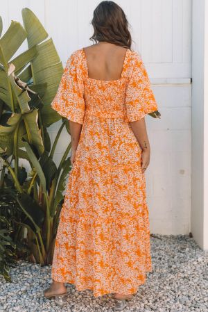 Women’s Orange Floral Print Maxi Dress with Smocked Bodice, V-Neck and Wide Sleeves