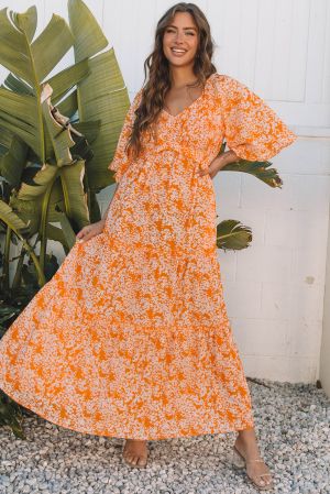Women’s Orange Floral Print Maxi Dress with Smocked Bodice, V-Neck and Wide Sleeves
