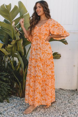 Women’s Orange Floral Print Maxi Dress with Smocked Bodice, V-Neck and Wide Sleeves