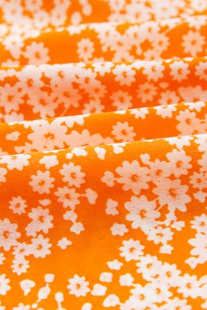 Women’s Orange Floral Print Maxi Dress with Smocked Bodice, V-Neck and Wide Sleeves