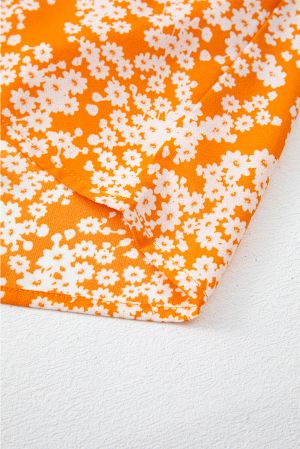 Women’s Orange Floral Print Maxi Dress with Smocked Bodice, V-Neck and Wide Sleeves