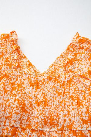 Women’s Orange Floral Print Maxi Dress with Smocked Bodice, V-Neck and Wide Sleeves