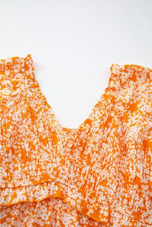 Women’s Orange Floral Print Maxi Dress with Smocked Bodice, V-Neck and Wide Sleeves