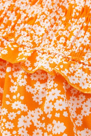 Women’s Orange Floral Print Maxi Dress with Smocked Bodice, V-Neck and Wide Sleeves