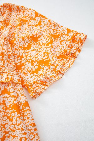 Women’s Orange Floral Print Maxi Dress with Smocked Bodice, V-Neck and Wide Sleeves