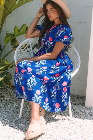 Women’s Blue Floral Print Maxi Dress with V-Neck