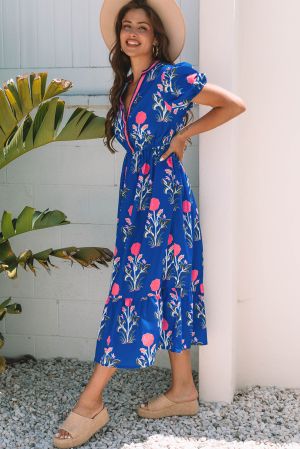 Women’s Blue Floral Print Maxi Dress with V-Neck