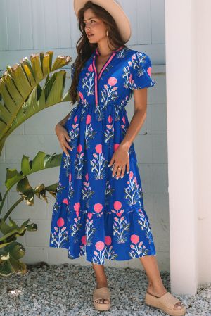 Women’s Blue Floral Print Maxi Dress with V-Neck