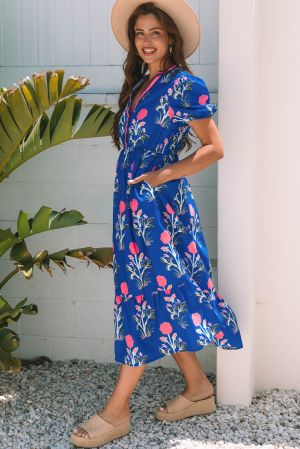 Women’s Blue Floral Print Maxi Dress with V-Neck