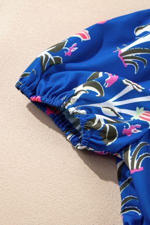 Women’s Blue Floral Print Maxi Dress with V-Neck