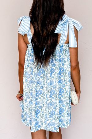 Women’s White and Blue Floral Dress with Bow Tie Straps