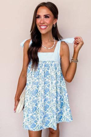 Women’s White and Blue Floral Dress with Bow Tie Straps