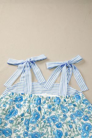 Women’s White and Blue Floral Dress with Bow Tie Straps