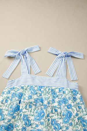 Women’s White and Blue Floral Dress with Bow Tie Straps
