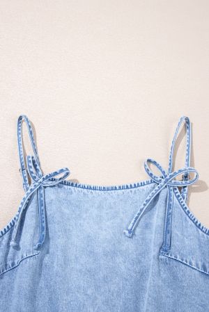 Women's Light Denim Dress with Straps and Pockets