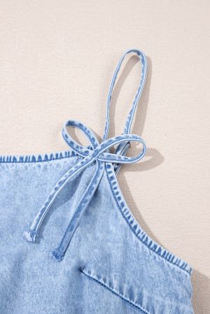 Women's Light Denim Dress with Straps and Pockets