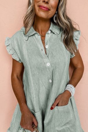 Women's Light Green Striped Cotton Shirt Dress