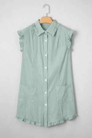 Women's Light Green Striped Cotton Shirt Dress