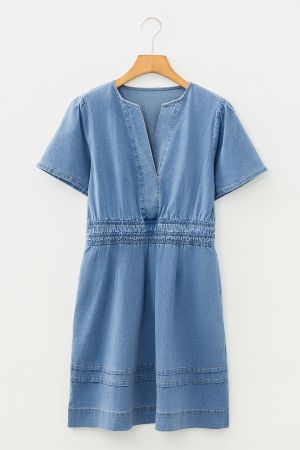 Women's Denim Dress with Elastic Waist and V-Neck