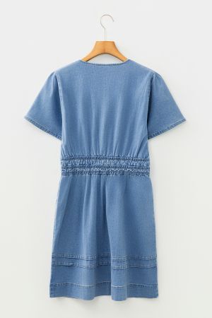 Women's Denim Dress with Elastic Waist and V-Neck