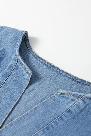 Women's Denim Dress with Elastic Waist and V-Neck