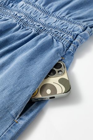 Women's Denim Dress with Elastic Waist and V-Neck