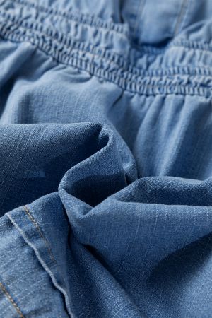 Women's Denim Dress with Elastic Waist and V-Neck