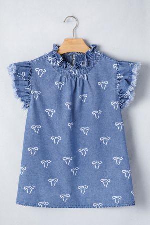 Women’s Light Blue Denim Shirt with Ruffled Collar and Buttons