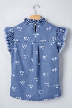 Women’s Light Blue Denim Shirt with Ruffled Collar and Buttons