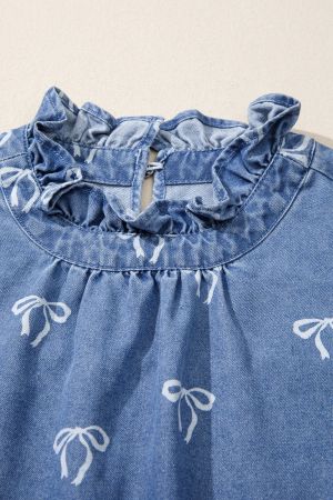 Women’s Light Blue Denim Shirt with Ruffled Collar and Buttons