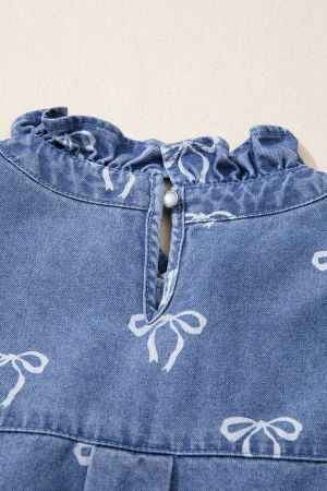 Women’s Light Blue Denim Shirt with Ruffled Collar and Buttons