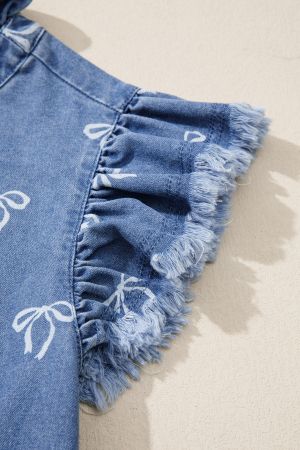 Women’s Light Blue Denim Shirt with Ruffled Collar and Buttons