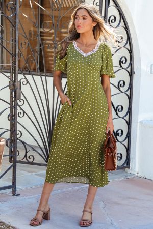 Women’s Olive Green Polka Dot Dress with Lace Detail