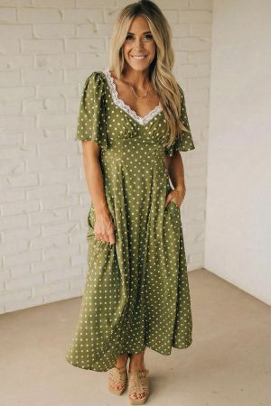 Women’s Olive Green Polka Dot Dress with Lace Detail