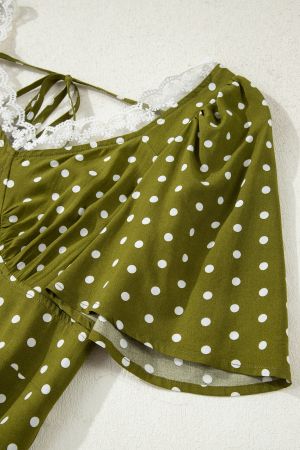 Women’s Olive Green Polka Dot Dress with Lace Detail