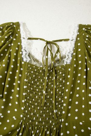 Women’s Olive Green Polka Dot Dress with Lace Detail