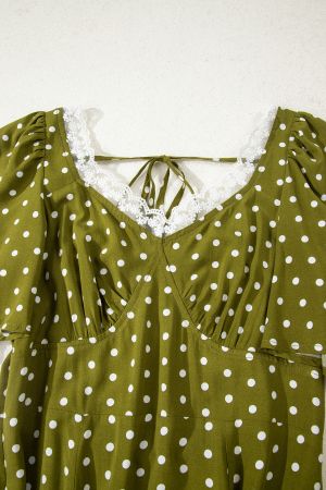 Women’s Olive Green Polka Dot Dress with Lace Detail