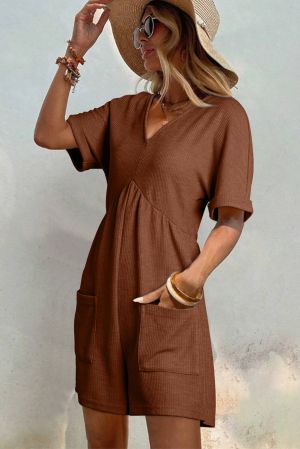 Women’s Brown Romper with V-Neck and Pockets
