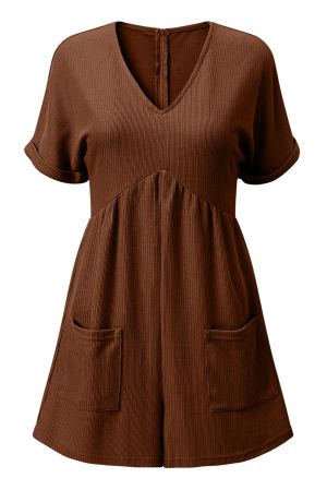Women’s Brown Romper with V-Neck and Pockets