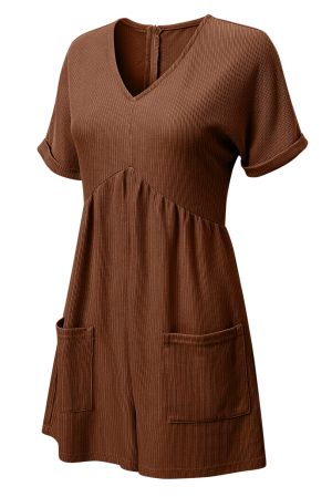 Women’s Brown Romper with V-Neck and Pockets