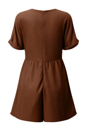 Women’s Brown Romper with V-Neck and Pockets