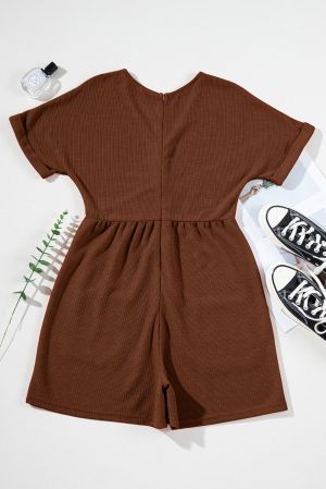 Women’s Brown Romper with V-Neck and Pockets
