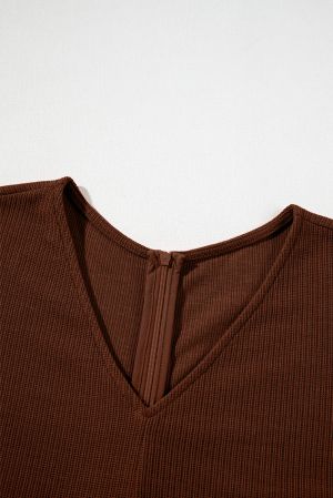 Women’s Brown Romper with V-Neck and Pockets