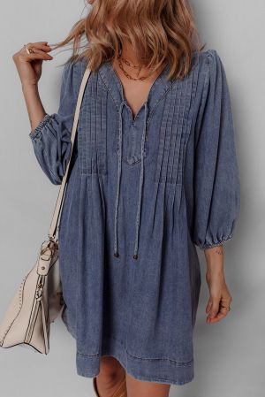 Women's Loose Denim Dress with Pleated Front, Pockets & Long Sleeves