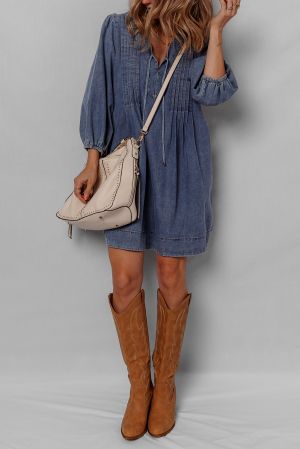 Women's Loose Denim Dress with Pleated Front, Pockets & Long Sleeves